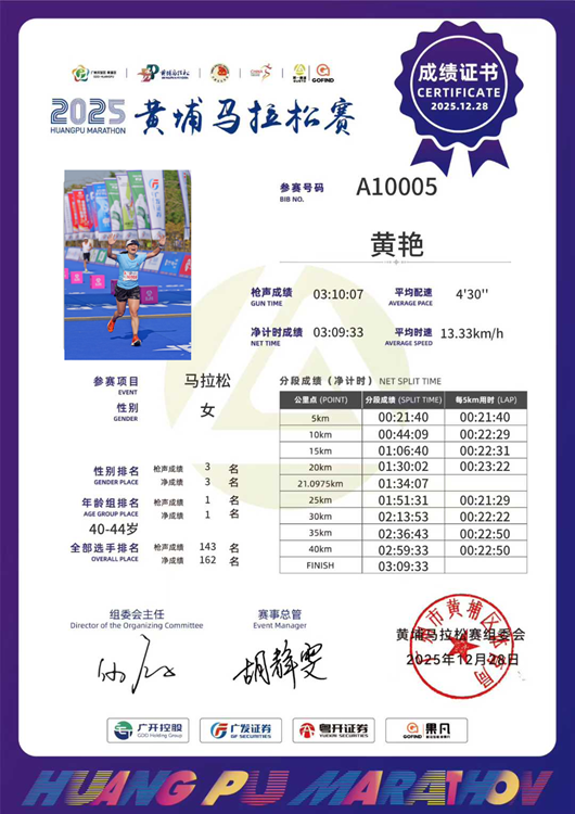黄艳黄埔马拉松成绩证书